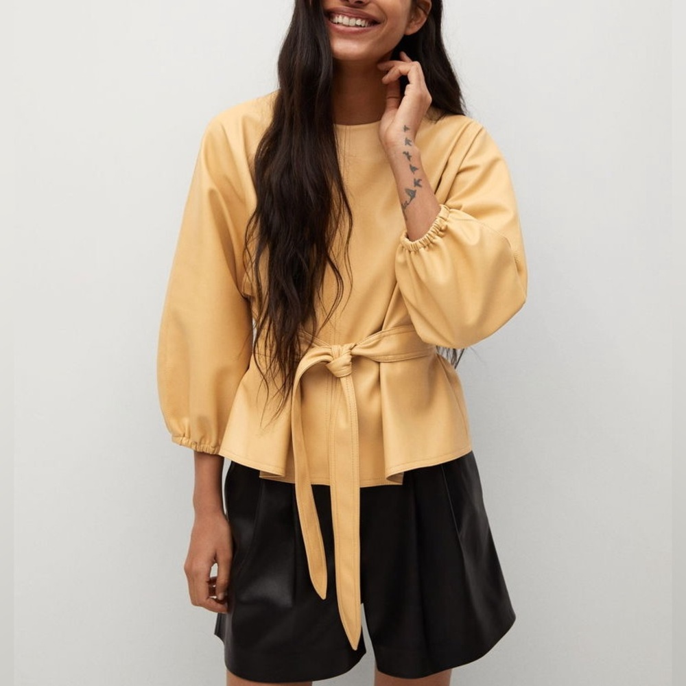 Mango Faux Leather Belted Shirt Jacket Camel Beige Size S - Picture 2 of 10